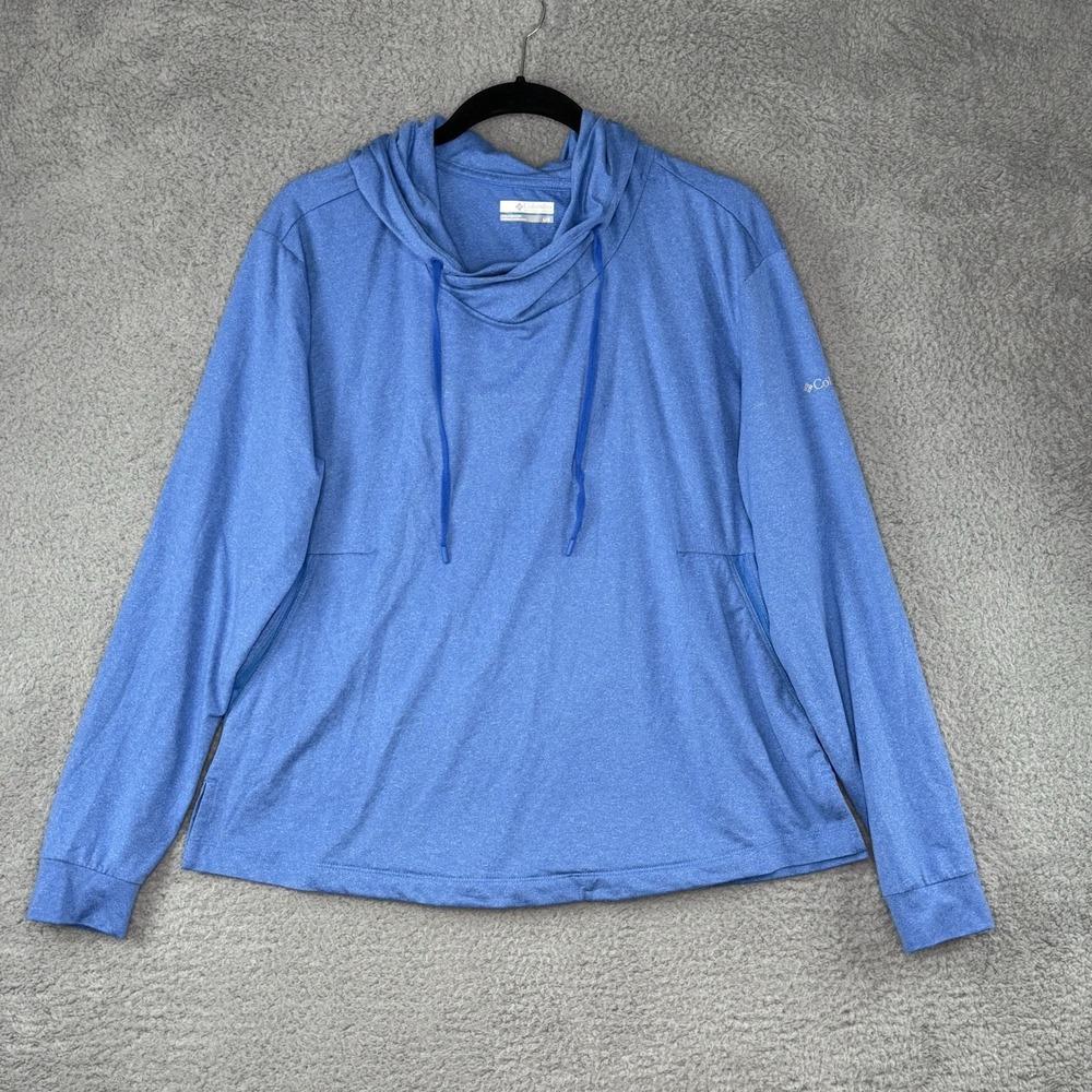 Columbia PFG Men's L/S Shirt Sz Large Hooded Pullover Blue Pockets Cowl Hood